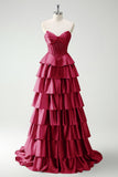 Burgundy Princess Sweetheart Beaded Tiered Corset Long Prom Dress with Slit