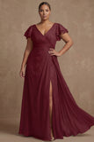 Dusty Sage Plus Size A Line Flutter Sleeves Ruched Mother Of The Bride Dress with Slit