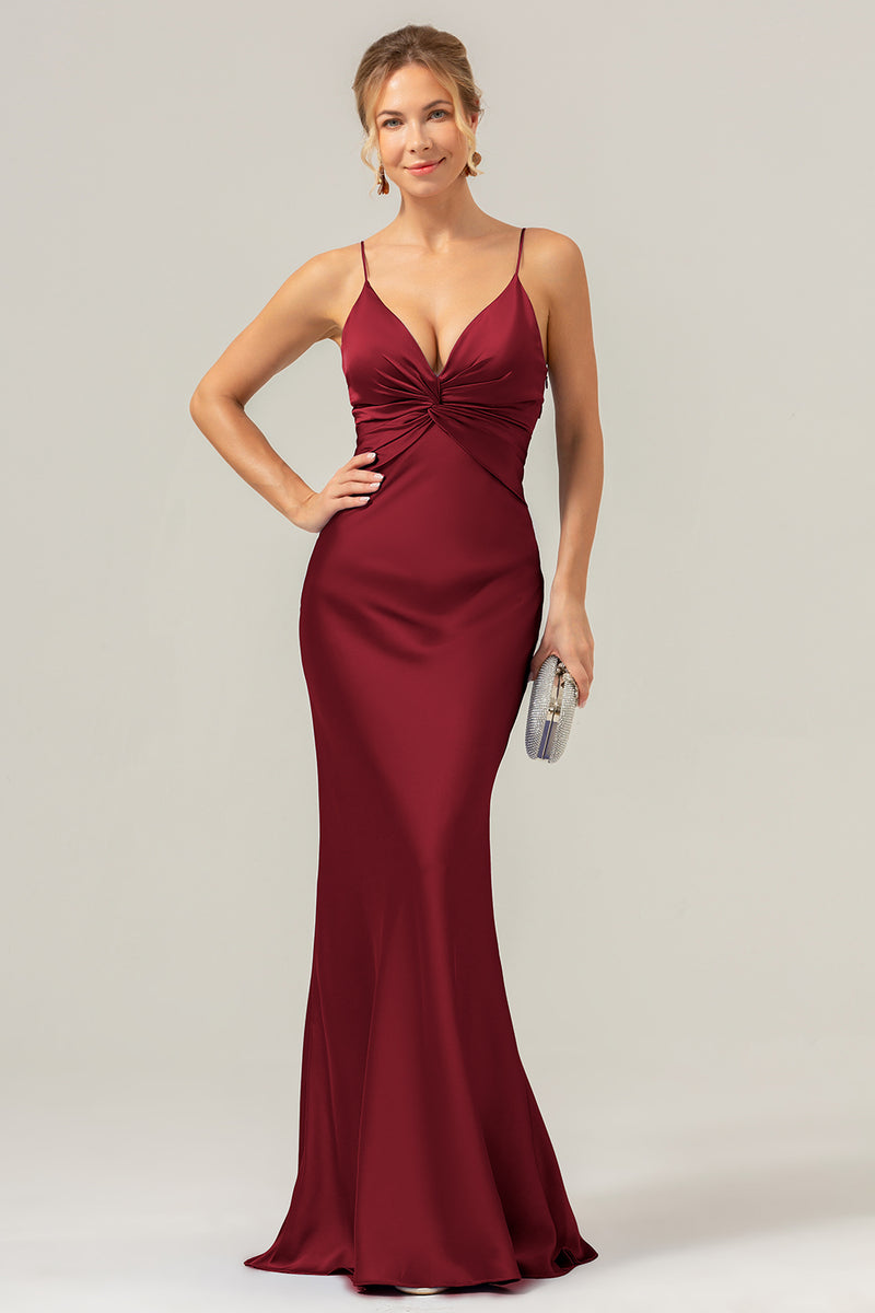 Load image into Gallery viewer, Mermaid Spaghetti Straps Hollow Out Twist Front Purple Bridesmaid Dress