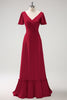 Load image into Gallery viewer, Pink A-Line Ruffle Wrap Short Sleeves Long Satin Bridesmaid Dress