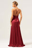 Load image into Gallery viewer, Dusty Blue A Line Spaghetti Straps Backless Satin Long Bridesmaid Dress with Slit