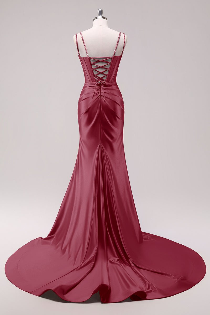 Load image into Gallery viewer, Fuchsia Mermaid Spaghetti Straps Corset Sequin Prom Dress with Slit