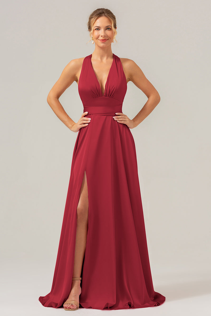 Load image into Gallery viewer, Pink A Line V-Neck Backless Satin Long Bridesmaid Dress with Slit