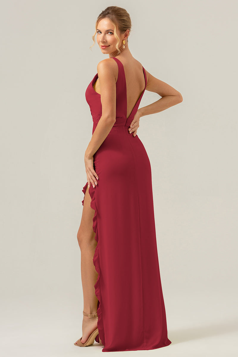 Load image into Gallery viewer, Lime Sheath Deep V Neck Backless Long Bridesmaid Dress with Ruffle Slit