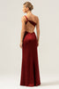 Load image into Gallery viewer, Olive Mermaid One Shoulder Backless Satin Long Bridesmaid Dress