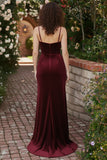 Burgundy Mermaid Velvet Corset Spaghetti Straps Long Holiday Dress with Slit