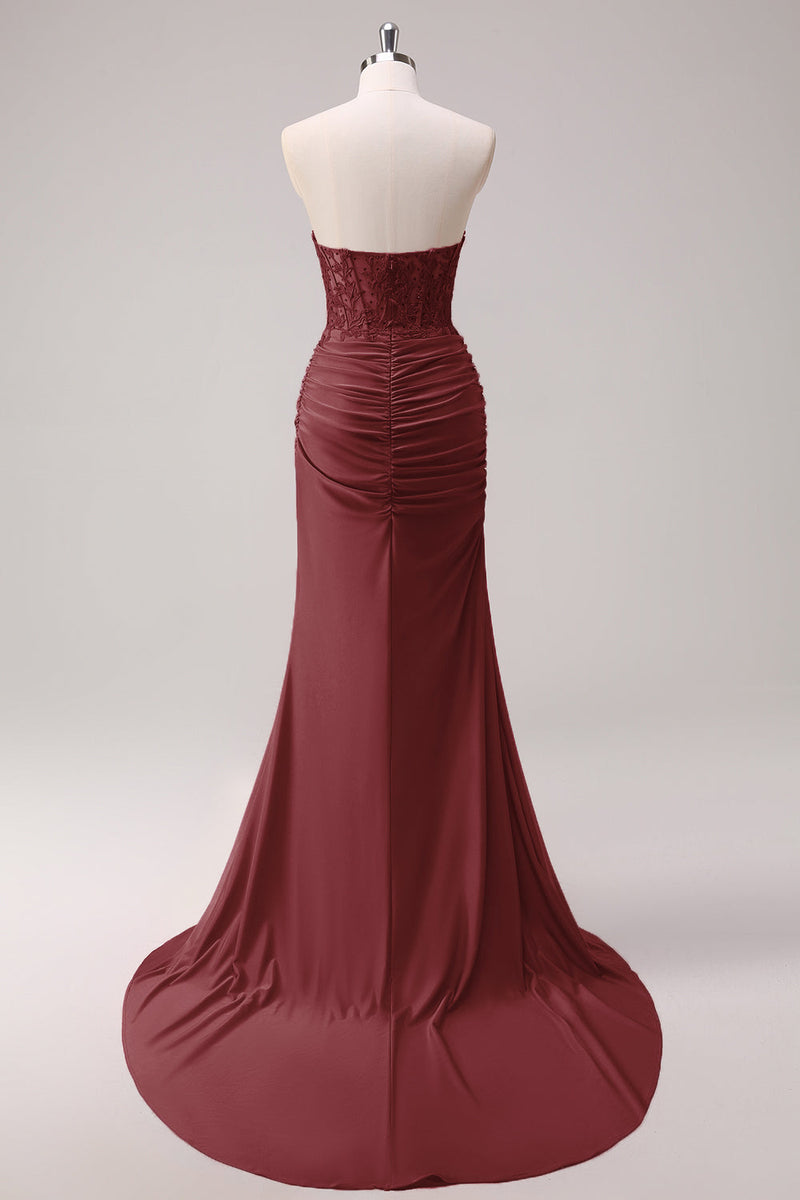 Load image into Gallery viewer, Mermaid Applique Strapless Corset Long Fuchsia Prom Dress with Slit