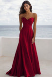 Strapless A Line Ruched Burgundy Formal Dress