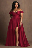 Plus Size Navy Off The Shoulder Satin Long Formal Dress with Slit