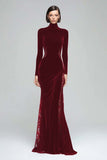 Black Mermaid Velvet High Neck Long Sleeve Formal Dress with Lace