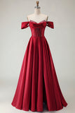 Off The Shoulder Beaded A Line Purple Corset Long Prom Dress with Slit