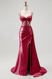 Champagne Mermaid Corset Beaded Satin Long Prom Dress with Slit