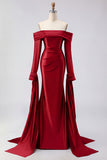Dark Green Mermaid Off The Shoulder Satin Long Prom Dress with Long Sleeve