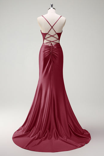 Fuchsia Mermaid Spaghetti Straps Beaded Corset Satin Long Prom Dress with Slit