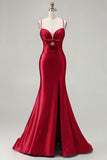 Fuchsia Mermaid Cut Out Pleated Satin Bowed Long Prom Dress with Slit