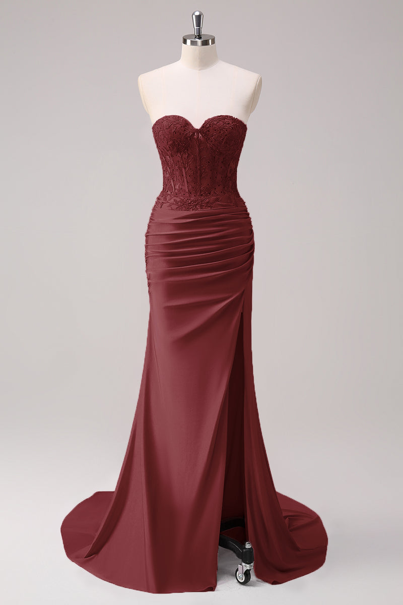 Load image into Gallery viewer, Fuchsia Mermaid Strapless Ruched Corset Long Prom Dress with Slit