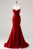 Royal Blue Strapless Mermaid 3D Flowers Beaded Long Prom Dress with Slit