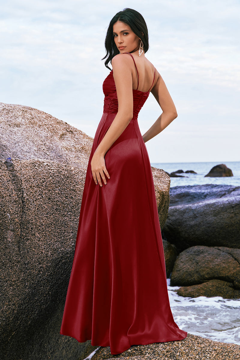 Load image into Gallery viewer, Spaghetti Straps Satin Keyhole Ink Blue Bridesmaid Dress