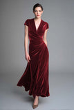 Velvet Caramel Ruched V Neck Long Formal Dress