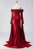 Dark Green Mermaid Off The Shoulder Satin Long Prom Dress with Long Sleeve