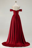 Blue A-Line Off The Shoulder Satin Long Bridesmaid Dress with Slit