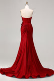 Royal Blue Strapless Mermaid 3D Flowers Beaded Long Prom Dress with Slit