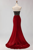 Strapless Mermaid Green Appliqued Lace Long Prom Dress with Slit
