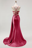 Champagne Mermaid Corset Beaded Satin Long Prom Dress with Slit