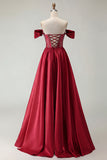 Off The Shoulder Beaded A Line Purple Corset Long Prom Dress with Slit