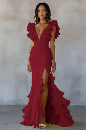 Yellow V-Neck Mermaid Ruffles Formal Dress with Slit
