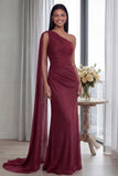 Navy One Shoulder Sheath Ruched Long Evening Dress with Side Cape