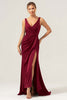 Load image into Gallery viewer, Dark Green Sheath V Neck Ruched High-Low Bridesmaid Dress with Slit