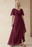 Dusty Sage A Line Ruched Mother of the Bride Dress with Short Sleeves