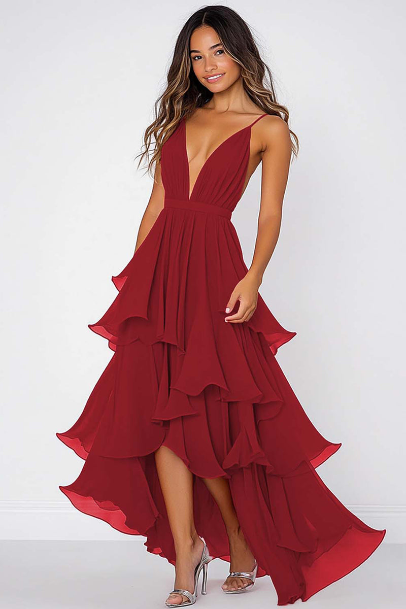 Load image into Gallery viewer, Ruffled Tiered Red Chiffon Spaghetti Straps Formal Dress