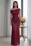 Dark Green Off the Shoulder Sheath Ruched Long Evening Dress