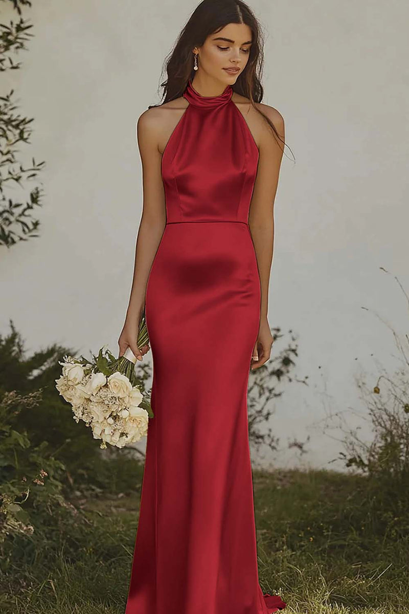 Load image into Gallery viewer, Light yellow Halter Mermaid Satin Bridesmaid Dress