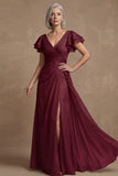 Dusty Sage A Line Flutter Sleeves Ruched Mother of the Bride Dress with Slit