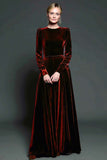 A Line Dark Purple Velvet Formal Dress with Long Sleeves