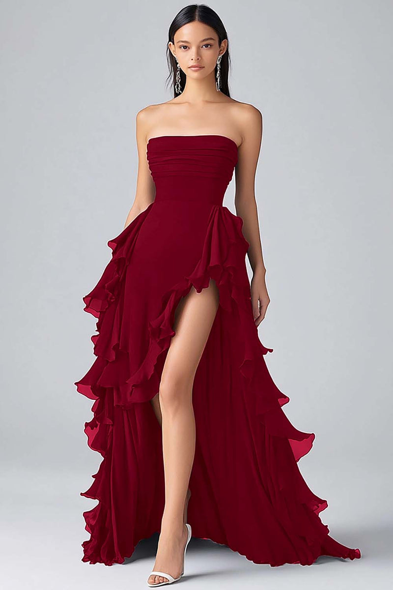 Load image into Gallery viewer, Black A Line Ruffles Chiffon Tiered Strapless Formal Dress with Slit