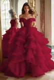 Black Princess Off The Shoulder Tiered Ruffled Long Prom Dress
