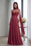 Strapless A Line Pleated Sky Blue Long Evening Dress with a Neck Scarf