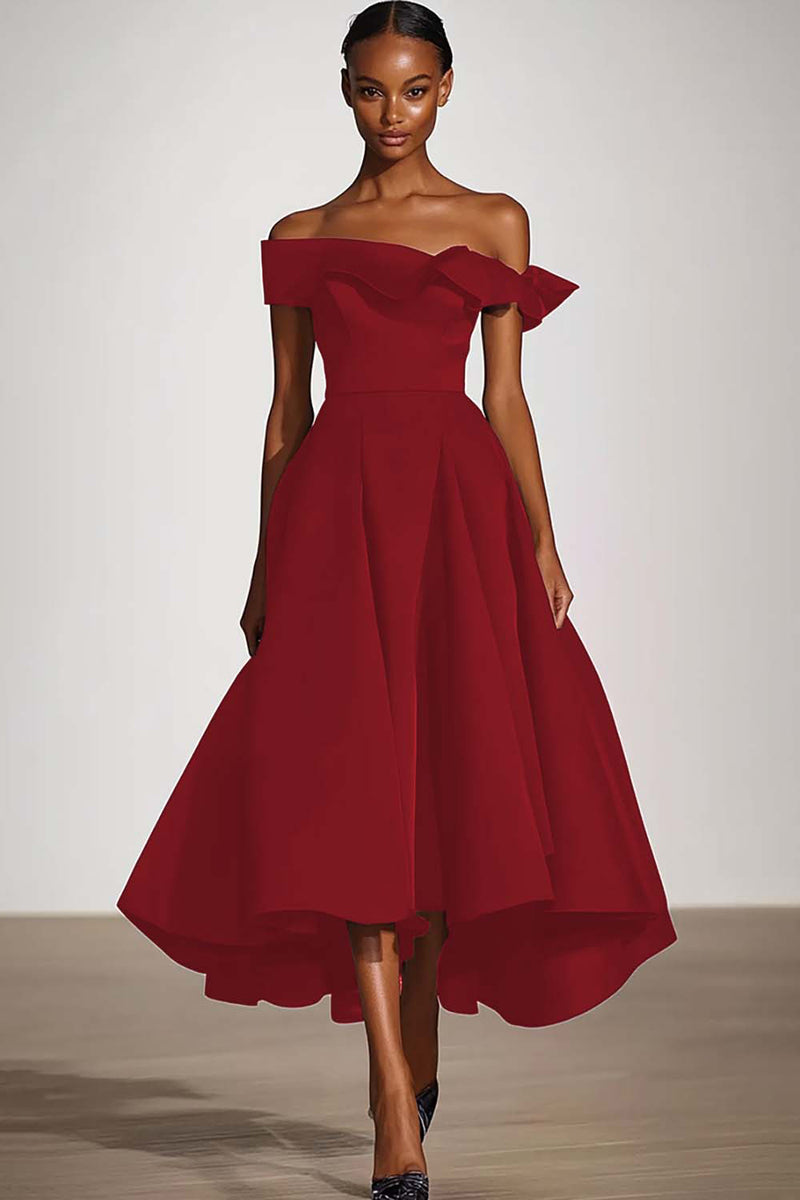 Load image into Gallery viewer, Off The Shoulder A Line Black Satin Formal Dress