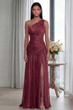 Golden Pleated A Line One Shoulder Long Evening Dress with Slit
