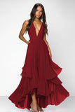 Red Deep V Neck Ruched Ruffles A Line Formal Dress