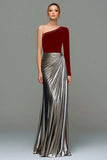 Black and Grey A-Line One Shoulder Metallic Satin Formal Dress