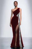 Black One Shoulder Sheath Velvet Long Formal Dress with Sequins