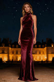 Purple Velvet Halter Sheath Long Evening Dress