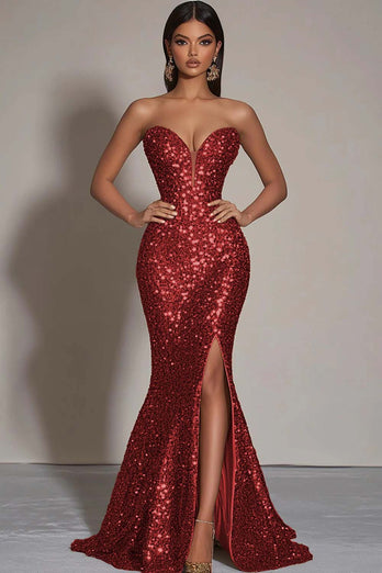 Sparkly Gold Sequins Strapless Mermaid Formal Dress with Slit