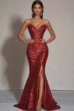 Sparkly Gold Sequins Strapless Mermaid Formal Dress with Slit