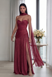 Strapless Dusty Sage Pleated A Line Streamer Long Evening Dress with Slit